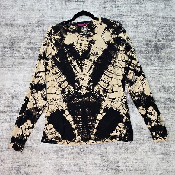 Champion Shirt Womens Large Black Tan Tie Dye Long Sleeve Crewneck Grunge Bleach - Picture 1 of 9